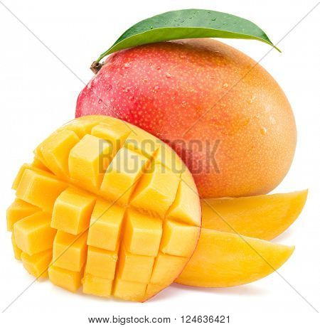 Mango fruit and mango cubes. Isolated on a white background.