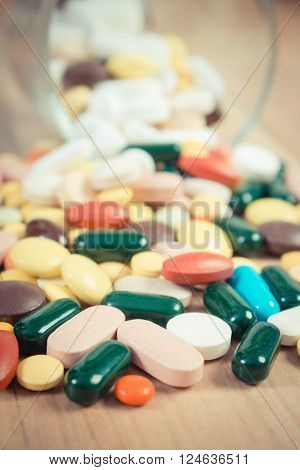 Vintage photo, medical pills, capsules or supplements for therapy, treatment and health care