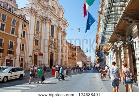ROME-AUGUST 7: The Via del Corso on August 7 2013 in Rome. The Via del Corso commonly known as the Corso is a main street in the historical centre of Rome.
