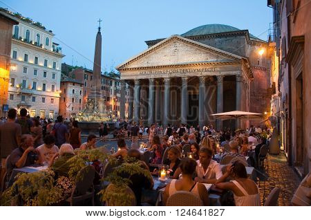 ROME-AUGUST 8: The Pantheon at night on August 8 2013 in Rome Italy. The Pantheon is a building in Rome Italy to all the gods of ancient Rome rebuilt by the emperor Hadrian about 126 AD.