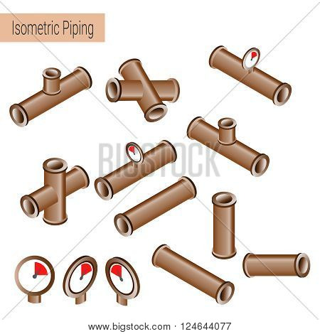 Vector 3d flat isometric illustration collection of detailed Construction Pieces: pipes fittings gate valve faucet ells.