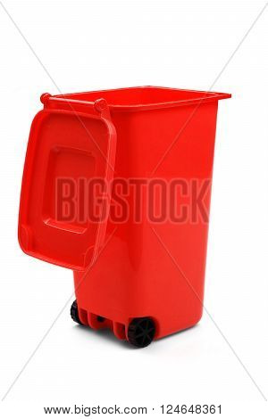 Red Plastic Waste Container Or Wheelie Bin, Isolated On White