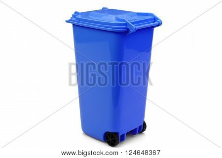 Blue Plastic Waste Container Or Wheelie Bin, Isolated On White