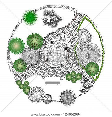 Illustration of a decorative pond on a white background
