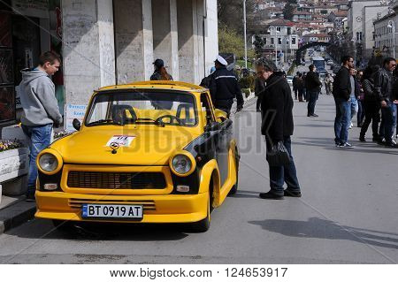 VELIKO TARNOVO, BULGARIA - MARCH 19, 2016: Convertible East German Trabant car in the street of the city