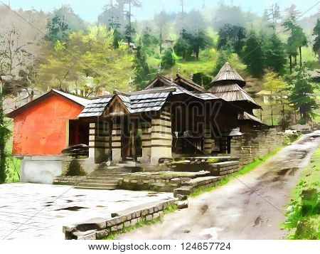 Watercolor. Himalayan Kullu Valley. Manali. India State of Himachal Pradesh. Travel tourism.