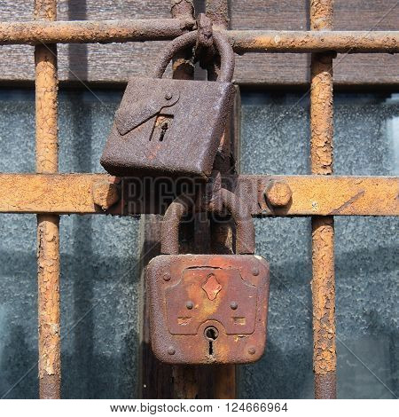 two old rusty lock on the iron bars