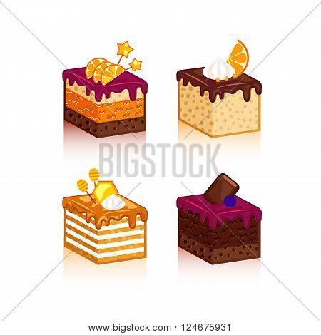 Vector collection of various cake slices isolated on white background. Set of cakes pieces for chocolate, honey, biscuit, berry jelly tastes illustration. Bakery menu icon set.