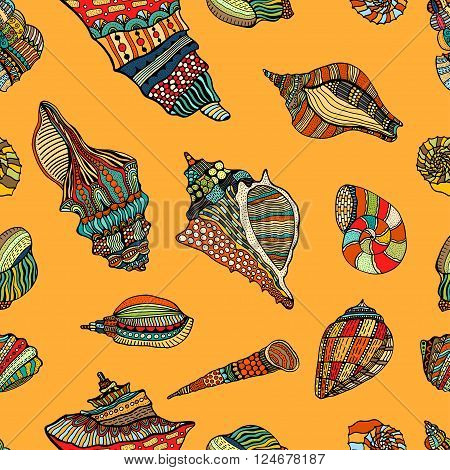 Zentangle stylized sea cockleshell seamless pattern. Hand Drawn aquatic doodle vector illustration. Sketch for tattoo or makhenda. Seashell collection. Ocean life.