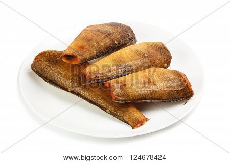 Smoked notothenia on plate isolated on a white background