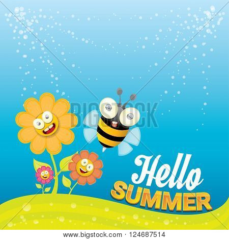 vector cartoon summer landscape with green grass, flowers and flying insects. Honey bees collect pollen and nectar