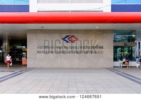 Bangkok Thailand - March 23 2016: Metro (MRT) station with logo in Bangkok Thailand. The MRT serves more than 240000 passengers each day.