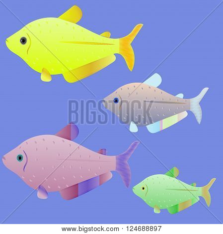 Set of bright tropical fish in different colors.