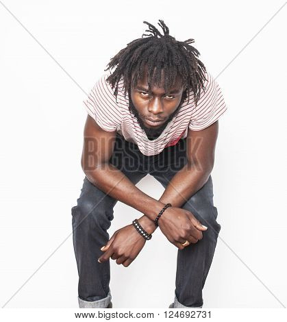 young handsome afro american man, angry look, weed junky isolated on white, problem teenage, depression greef close up, lifestyle people concept
