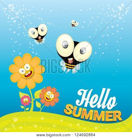 vector cartoon summer landscape with green grass, flowers and flying insects. Honey bees collect pollen and nectar