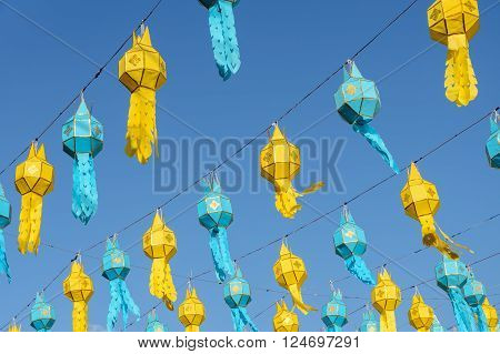 Colorful Lanna paper lantern in Loi Krathong festival or yeepeng lantern festival Thailand