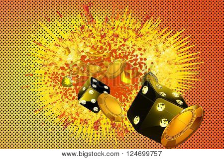 Casino comics style explosion background with casino elements floating