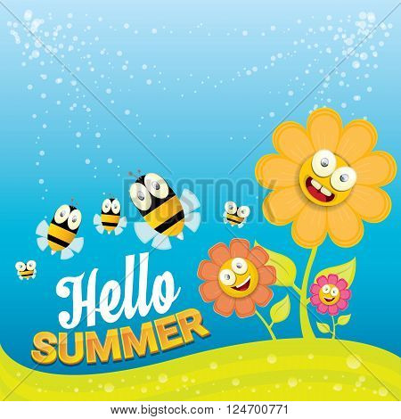 vector cartoon summer landscape with green grass, flowers and flying insects. Honey bees collect pollen and nectar