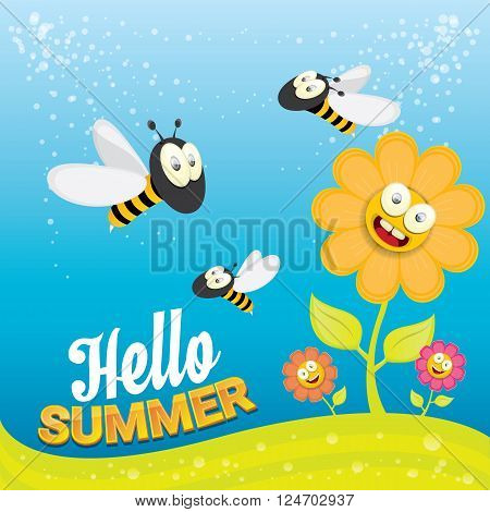 vector cartoon summer landscape with green grass, flowers and flying insects. Honey bees collect pollen and nectar