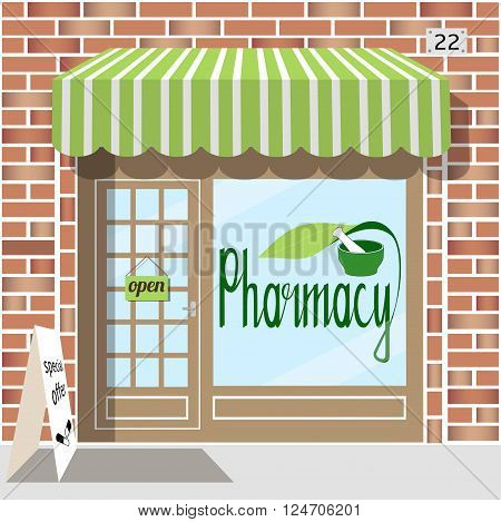 Pharmacy facade of red brick. Sticker with pharmacy symbol in the window. EPS 10 vector.