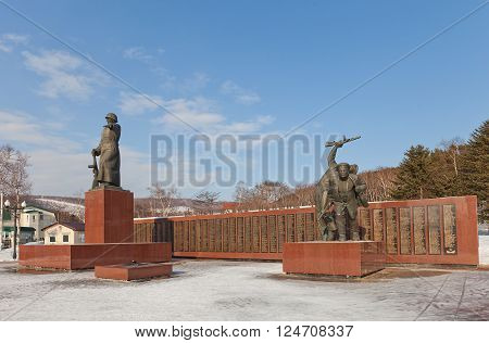YUZHNO-SAKHALINSK RUSSIA - MARCH 17 2016: Memorial (circa 1980) for soviet warriors died in Soviet-Japan war of 1945 in Yuzhno-Sakhalinsk Russia. Sculptor Alexander Turenkov