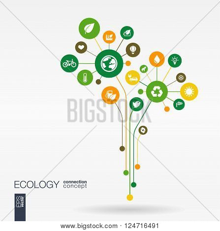 Abstract ecology background with connected circles, integrated flat icons. Growth flower concept with eco, earth, green, recycling, nature, sun, car and home icon. Vector interactive illustration.