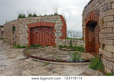 Detail of St. Nicholas fortress. Fortress is located in the town of Sibenik on the eastern shores of the Adriatic in central Dalmatia Croatia