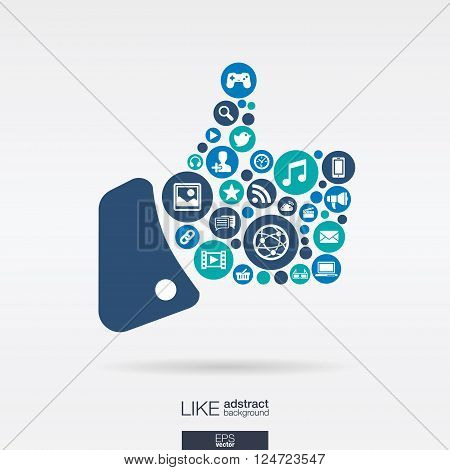 Color circles, flat icons in a like shape, technology, social media, network, computer concept. Abstract background with connected objects in integrated group of elements. Vector illustration