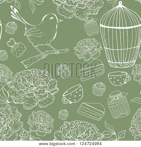 Vintage floral seamless pattern with bird, cage, peons. Vector outline hand drawn texture. Green bacground