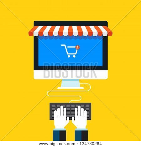 Online shopping, Eshop, Internet selling, online marketing. Flat design modern vector illustration concept.