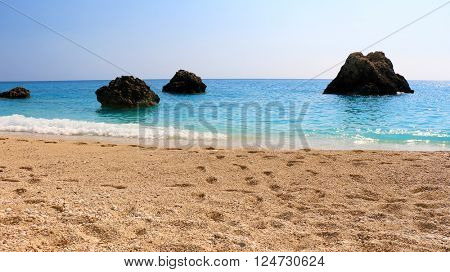 Megali Petra Beach, Lefkada Island, Levkas, Lefkas, Ionian sea. Wild beach of Megali Petra.