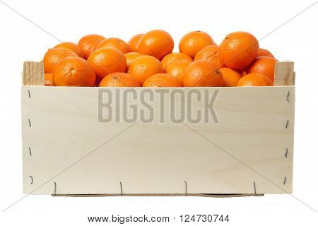 Plywood box full of mandarins isolated on white background