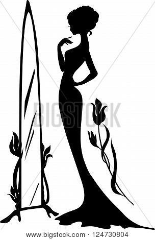 Woman in an evening dress vector illustration. Elegant lady stand near mirror with flowers. Beautiful silhouette. Isabelle series