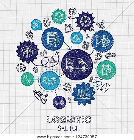 Logistic hand drawing hatch icons. Vector doodle integration pictogram set. Sketch sign connection illustration on paper. delivery, service, shipping, distribution, transport, communicate concepts