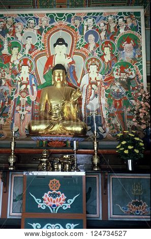 GYEONGJU CITY, NORTH GYEONGSANG PROVINCE / KOREA - CIRCA 1987: An image the Buddha sits on an altar in the Bulguksa Buddhist Temple.