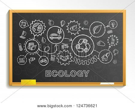 Ecology hand draw integrated icons set on school board. Vector sketch infographic illustration. Connected doodle pictograms, eco friendly, bio, energy, recycle, car,  planet, green interactive concept