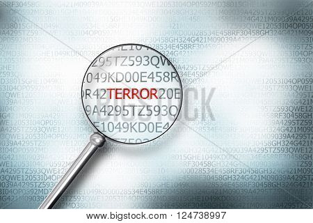 reading the word terror on computer screen with a magnifying glass internet security