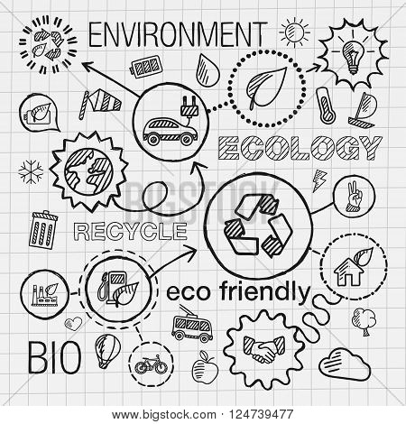 Ecology infographic hand draw icons. Vector sketch integrated doodle illustration for environmental, eco friendly, bio, energy, recycle, car,  planet, green concepts. Hatch connected pictograms set.