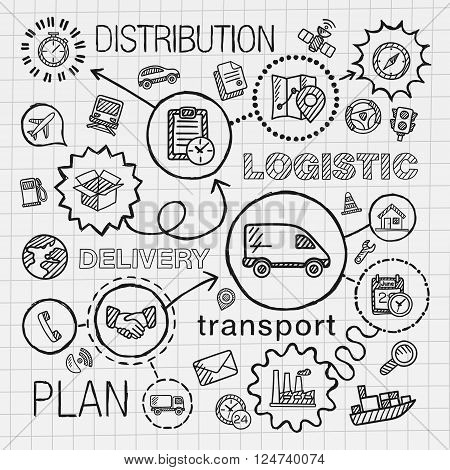 Logistic hand draw integrated icons set. Vector sketch infographic illustration with line connected doodle hatch pictograms on paper. distribution, shipping, transport, services, container concepts