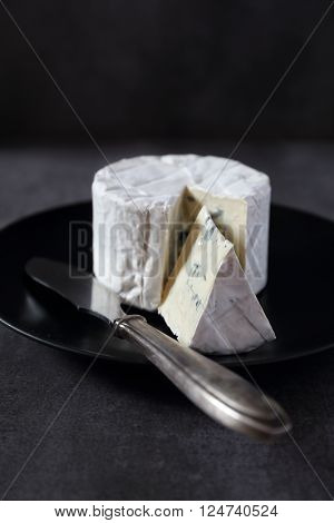 French blue cheese Bresse Bleu on a dark background