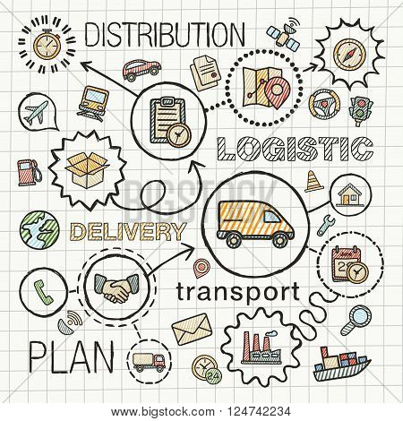 Logistic hand draw integrated icons set. Vector sketch infographic illustration with line connected doodle hatch pictograms on paper, distribution, shipping, transport, services, container concepts