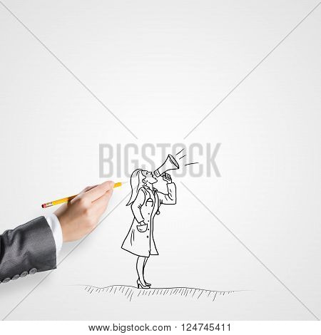 Hand drawing with pencil doctor screaming in megaphone