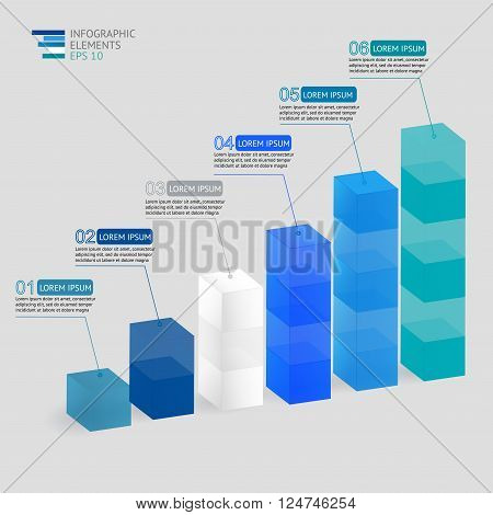 Modern vector 3D  illustration infographic for statistics,  analytics, financial reports, presentation and web design with transparent growing graph in blue colors.