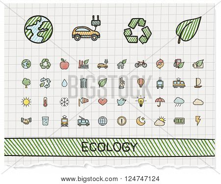 Ecology hand drawing line icons. Vector doodle pictogram set. color pen sketch sign illustration on paper with hatch symbols, energy, eco friendly, environment, tree, green, recycle, bio, clean