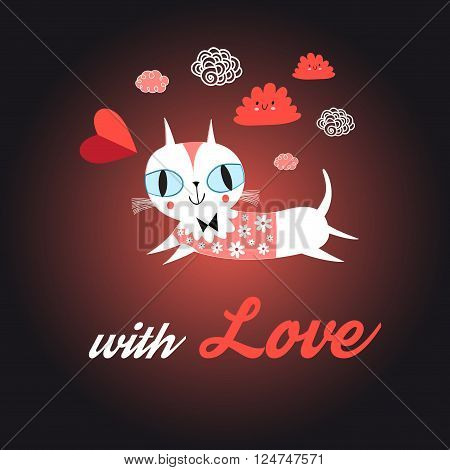 Funny portrait of love with a cat on a dark background