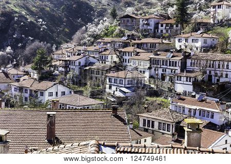GOYNUK BOLU TURKEY - MARCH 06 2016: High angle rooftop view of traditional houses in Goynuk town center. Goynuk is a district of Bolu Province in the Black Sea region of Turkey.