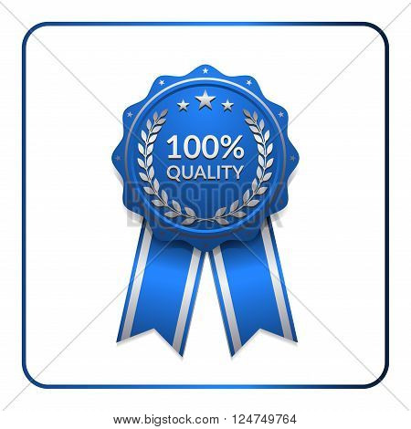 Ribbon award icon. Blue badge isolated on white background. Medal design element. Label emblem. Blank certificate winner decoration. Sumbol first victory success the best win. Vector illustration