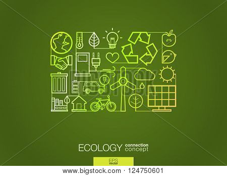 Ecology integrated thin line symbols. Modern linear style vector concept, with connected flat design icons. Illustration for eco friendly, energy, environment, green, recycle, bio and global concepts.