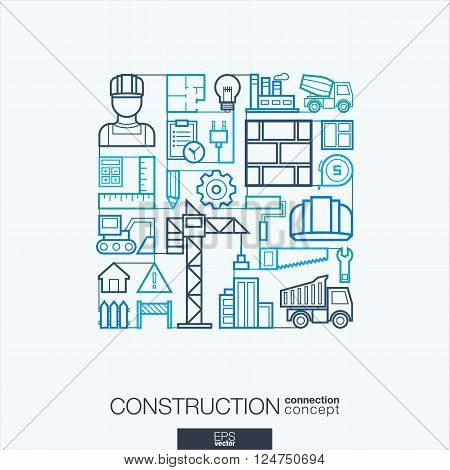 Construction integrated thin line symbols. Modern linear style vector concept, with connected flat design icon. Abstract background illustration for build, industry, architectural, engineering concept