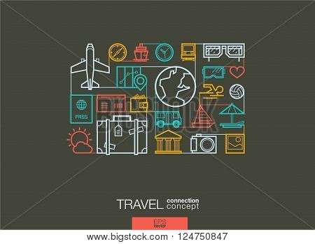 Travel integrated thin line symbols. Modern linear style vector concept, with connected flat design icons. Abstract background illustration for tourism, holiday, trip, summer, vacation concepts.
